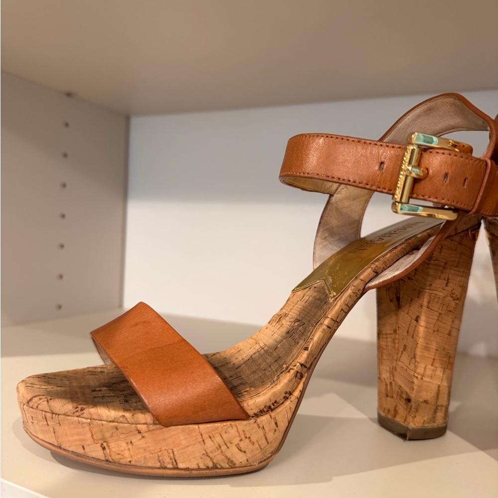 Michael Kors Cognac Leather Cork Platform Heels - Picture 2 of 13